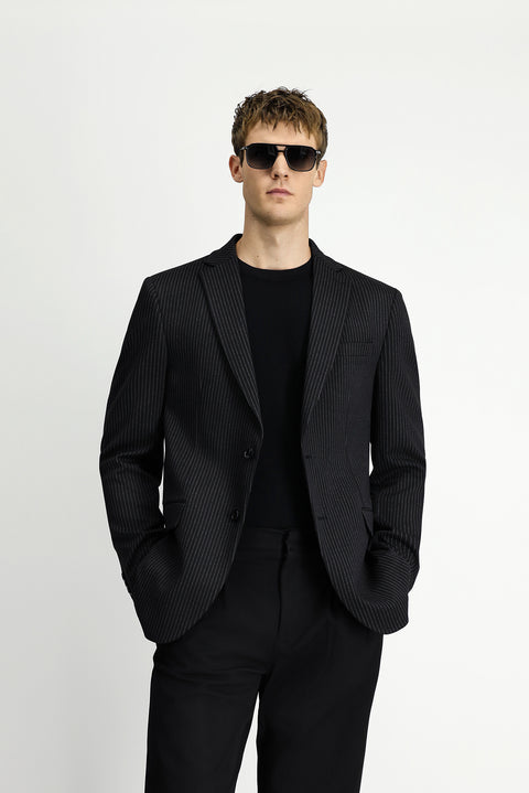 Black 8 Drop Muscle Fit Long Athletic Cut Knitted Classic Striped Jacket