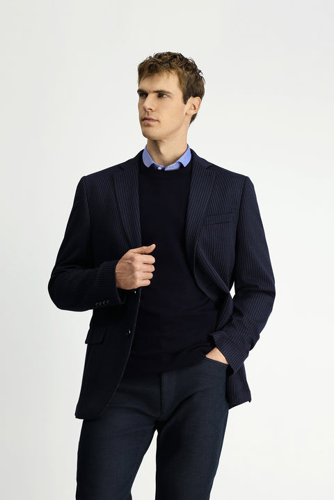 Dark Navy 7 Drop Super Slim Fit Extra Narrow Cut Knitted Classic Striped Jacket