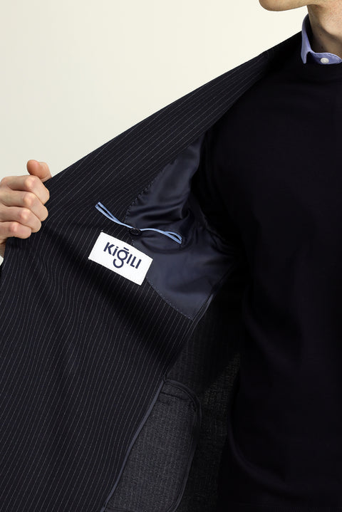 Dark Navy 7 Drop Super Slim Fit Extra Narrow Cut Knitted Classic Striped Jacket