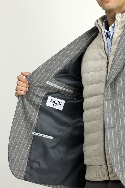 Medium Gray 6 Drop Regular Fit Standard Cut Striped Wool Classic Jacket
