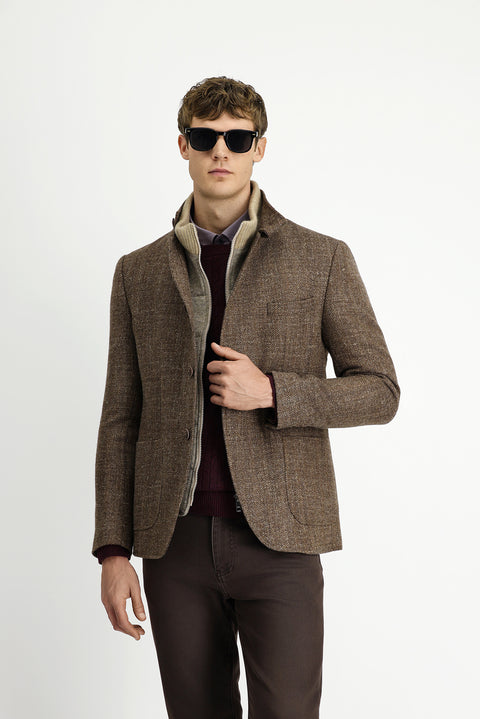 Medium Brown 6 Drop Regular Fit Standard Cut Patterned Wool Sporty Monstra Jacket