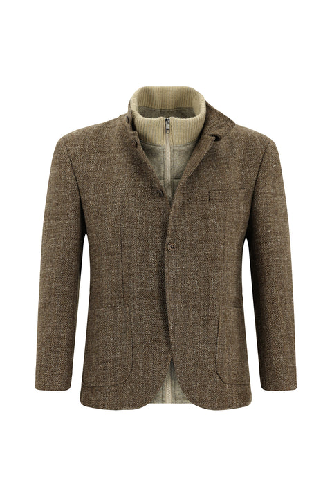 Medium Brown 6 Drop Regular Fit Standard Cut Patterned Wool Sporty Monstra Jacket