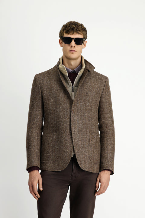 Medium Brown 6 Drop Regular Fit Standard Cut Patterned Wool Sporty Monstra Jacket