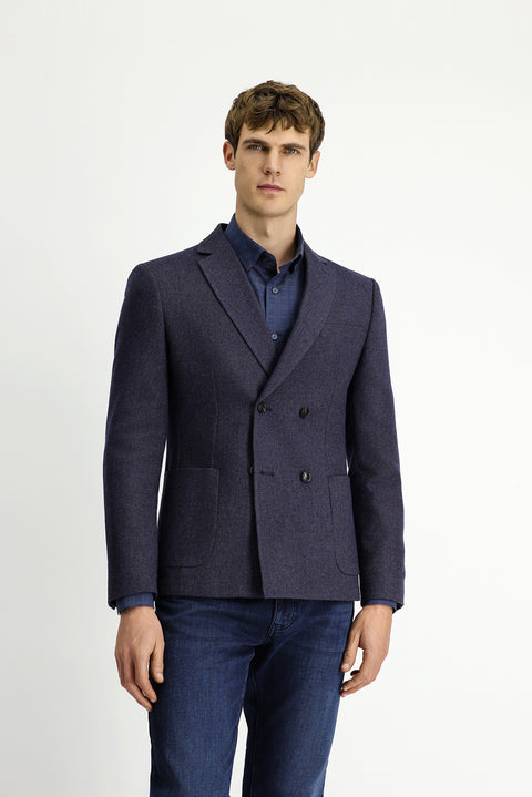 Medium Navy 6 Drop Regular Fit Standard Cut Wool Patterned Double-Breasted Jacket