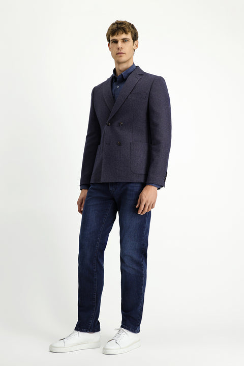 Medium Navy 6 Drop Regular Fit Standard Cut Wool Patterned Double-Breasted Jacket