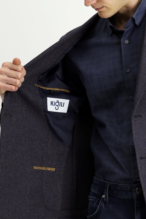 Medium Navy 6 Drop Regular Fit Standard Cut Wool Patterned Double-Breasted Jacket