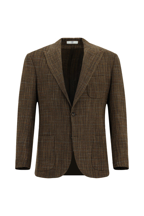 Dark Brown 7 Drop Slim Fit Narrow Cut Wool Plaid Sport Half Lining Patch Pocket Pointed Collar Jacket
