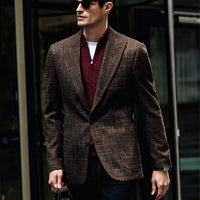 Dark Brown 7 Drop Slim Fit Narrow Cut Wool Plaid Sport Half Lining Patch Pocket Pointed Collar Jacket