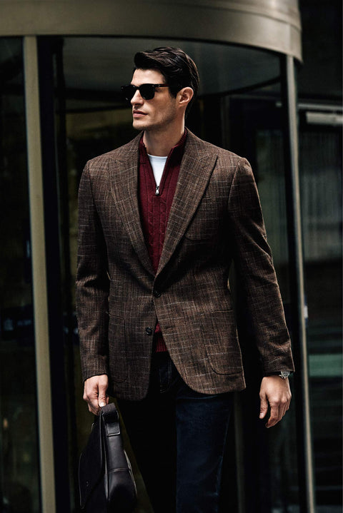Dark Brown 6 Drop Regular Fit Standard Cut Wool Plaid Sport Half Lining Patch Pocket Pointed Collar Jacket