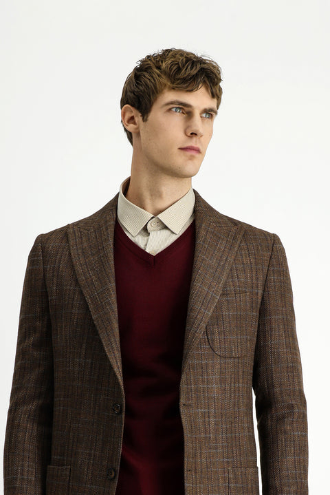 Dark Brown 8 Drop Muscle Fit Long Athletic Cut Wool Plaid Sport Half Lining Patch Pocket Pointed Collar Jacket