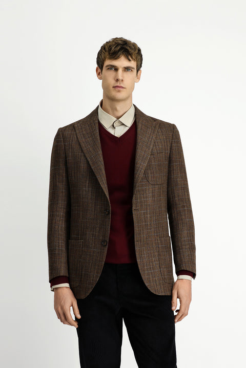 Dark Brown 8 Drop Muscle Fit Long Athletic Cut Wool Plaid Sport Half Lining Patch Pocket Pointed Collar Jacket