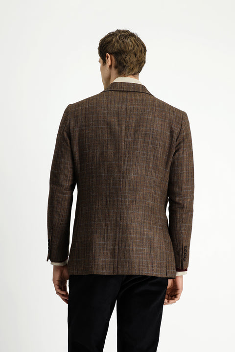 Dark Brown 6 Drop Regular Fit Standard Cut Wool Plaid Sport Half Lining Patch Pocket Pointed Collar Jacket