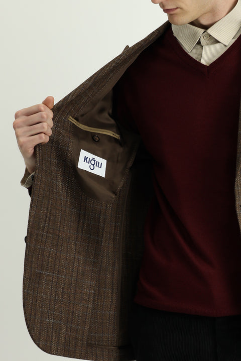 Dark Brown 8 Drop Muscle Fit Long Athletic Cut Wool Plaid Sport Half Lining Patch Pocket Pointed Collar Jacket