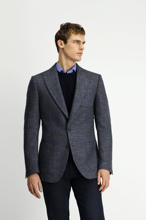 Dark Anthracite 7 Drop Slim Fit Narrow Cut Wool Plaid Sport Half Lining Patch Pocket Pointed Collar Jacket