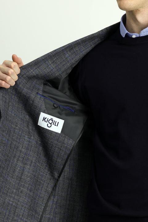 Dark Anthracite 7 Drop Slim Fit Narrow Cut Wool Plaid Sport Half Lining Patch Pocket Pointed Collar Jacket