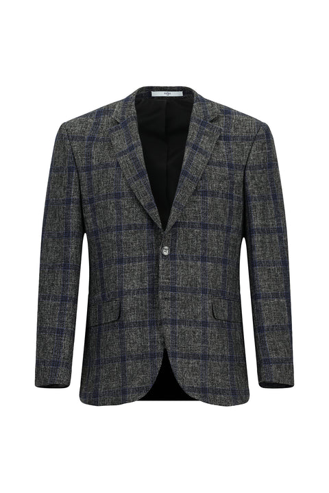 Dark Gray 4-Drop Relaxed Fit Plaid Wool Jacket