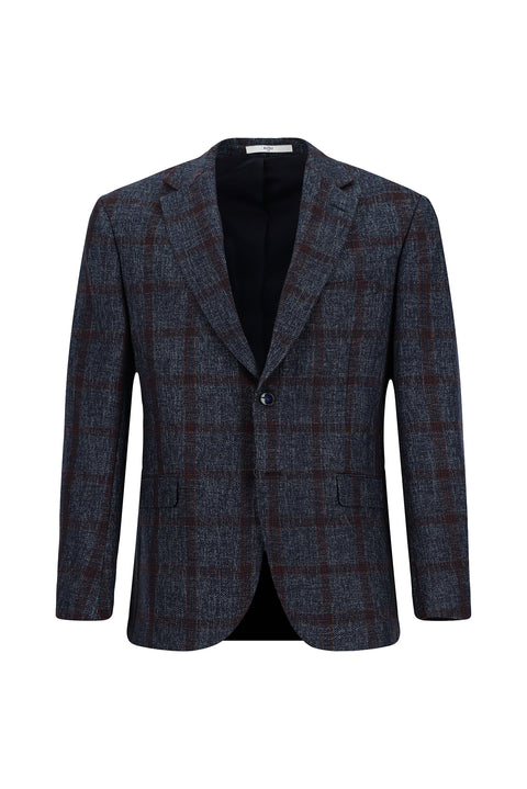 Dark Navy 8 Drop Muscle Fit Long Athletic Cut Plaid Wool Jacket
