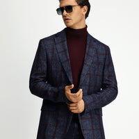 Dark Navy 8 Drop Muscle Fit Long Athletic Cut Plaid Wool Jacket