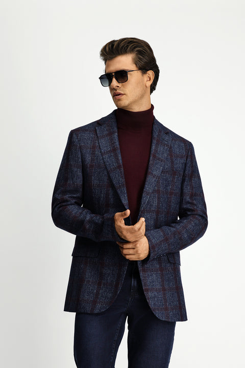 Dark Navy 8 Drop Muscle Fit Long Athletic Cut Plaid Wool Jacket