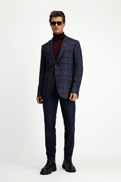 Dark Navy 4-Drop Relaxed Fit Plaid Wool Jacket