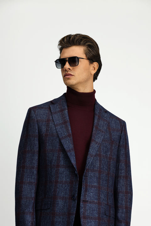 Dark Navy 4-Drop Relaxed Fit Plaid Wool Jacket