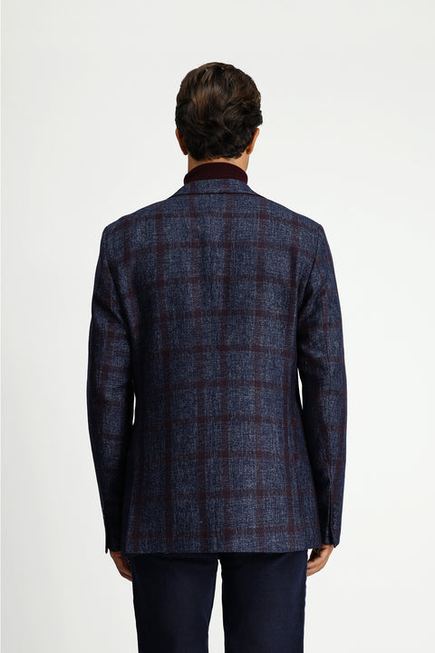 Dark Navy 4-Drop Relaxed Fit Plaid Wool Jacket
