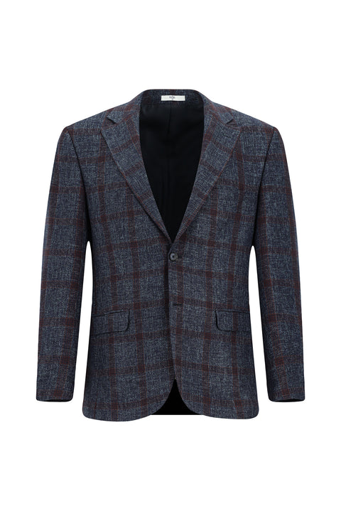Dark Navy 4-Drop Relaxed Fit Plaid Wool Jacket