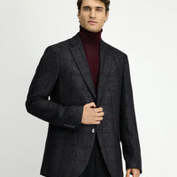 Dark Anthracite 8 Drop Muscle Fit Long Athletic Cut Plaid Wool Jacket