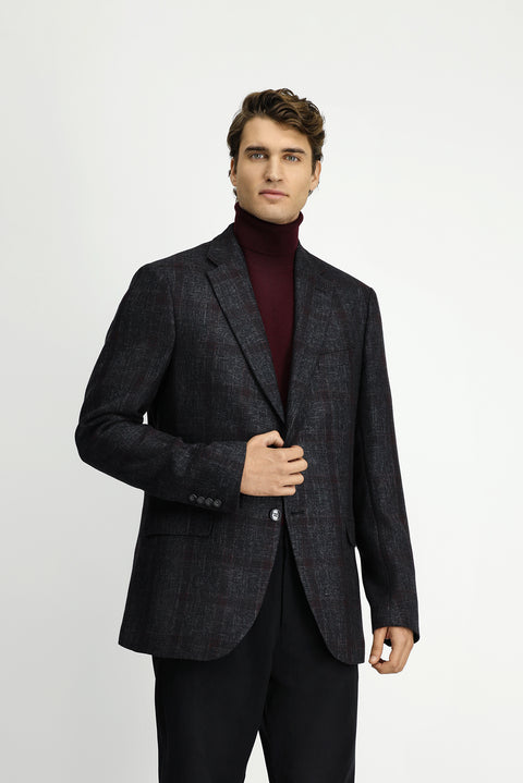 Dark Anthracite 8 Drop Muscle Fit Long Athletic Cut Plaid Wool Jacket
