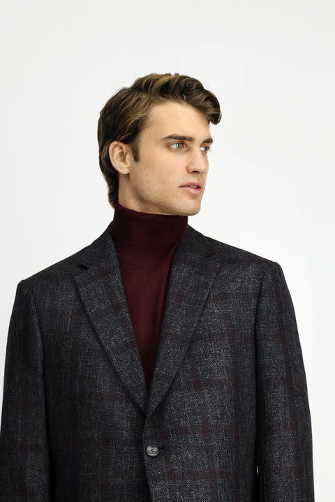 Dark Anthracite 8 Drop Muscle Fit Long Athletic Cut Plaid Wool Jacket