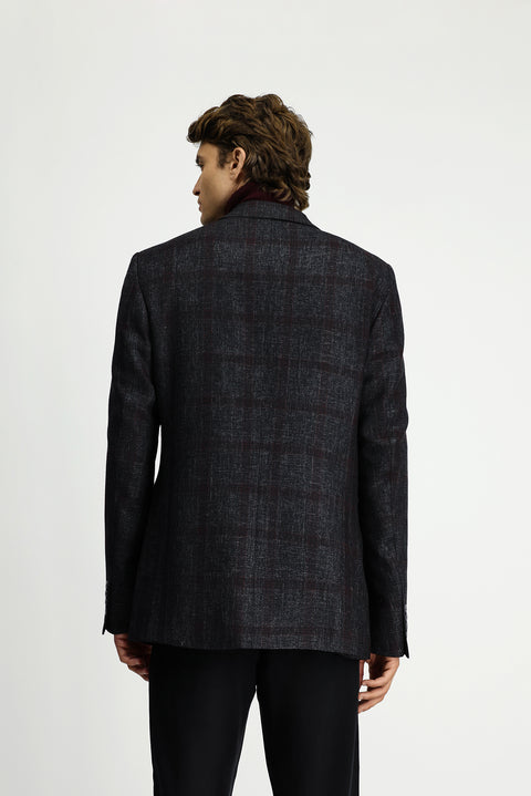 Dark Anthracite 4-Drop Relaxed Fit Plaid Wool Jacket