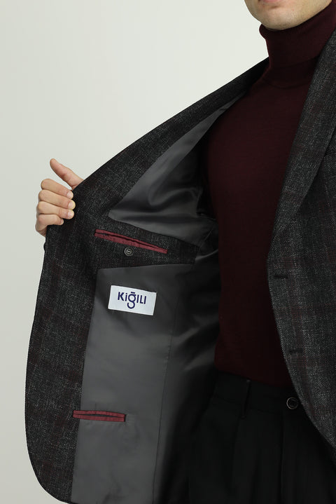 Dark Anthracite 8 Drop Muscle Fit Long Athletic Cut Plaid Wool Jacket