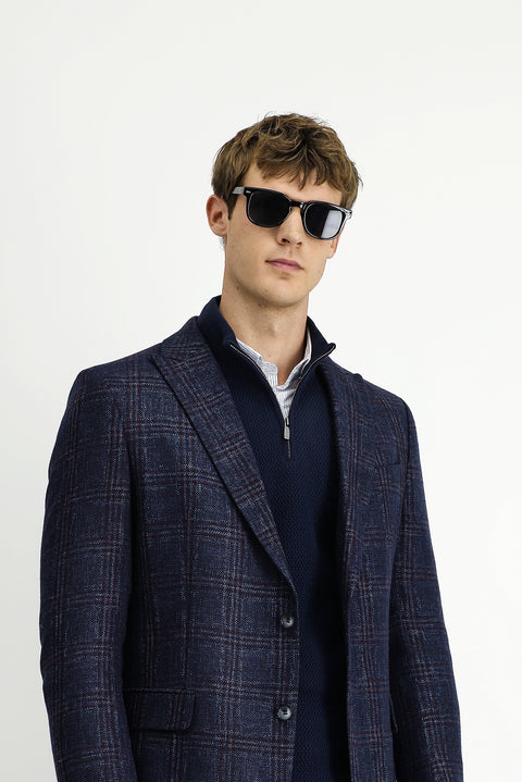 Dark Navy 6 Drop Regular Fit Standard Cut Wool Plaid Jacket