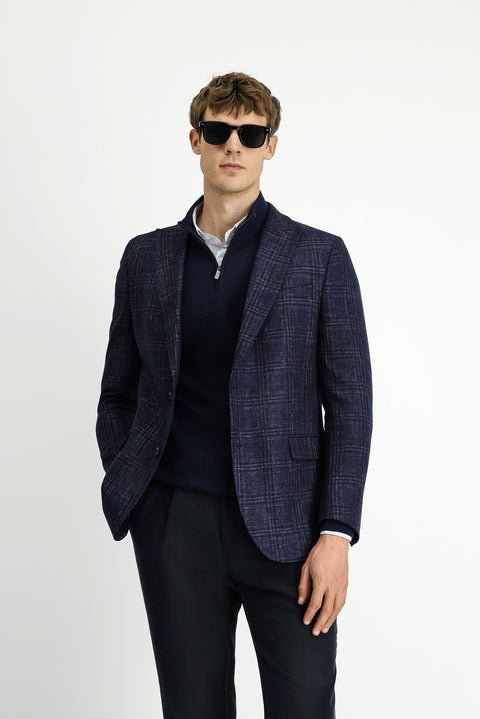 Dark Navy 6 Drop Regular Fit Standard Cut Wool Plaid Jacket