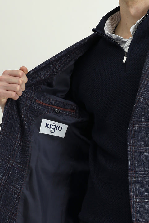 Dark Navy 6 Drop Regular Fit Standard Cut Wool Plaid Jacket