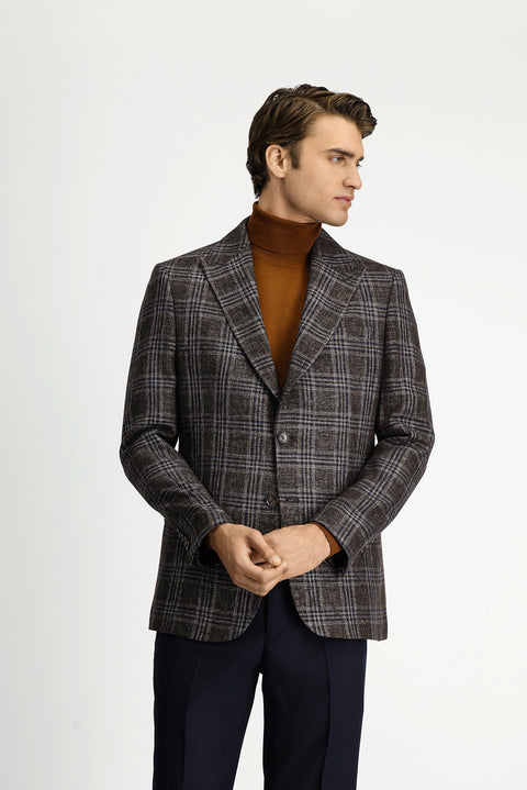 Dark Brown 6 Drop Regular Fit Standard Cut Wool Plaid Jacket