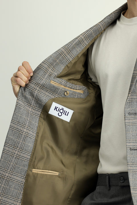 Dark Mink 8 Drop Muscle Fit Long Athletic Cut Classic Plaid Jacket