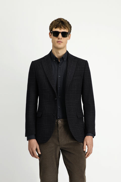 Dark Brown 8 Drop Muscle Fit Long Athletic Cut Wool Plaid Jacket