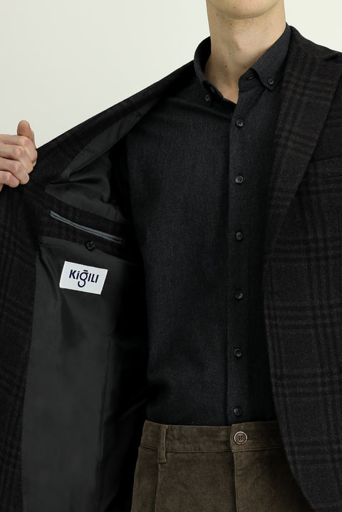 Dark Brown 8 Drop Muscle Fit Long Athletic Cut Wool Plaid Jacket