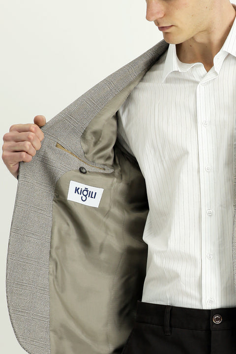 Medium Beige 7 Drop Slim Fit Classic Plaid Jacket