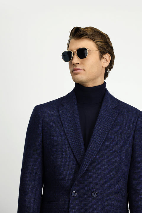 Dark Navy 6 Drop Regular Fit Patterned Wool Double-Breasted Jacket