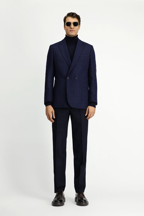 Dark Navy 6 Drop Regular Fit Patterned Wool Double-Breasted Jacket