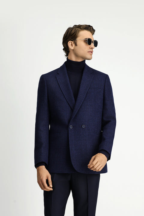 Dark Navy 6 Drop Regular Fit Patterned Wool Double-Breasted Jacket