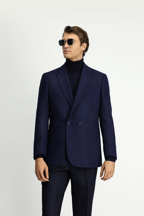 Dark Navy 6 Drop Regular Fit Patterned Wool Double-Breasted Jacket