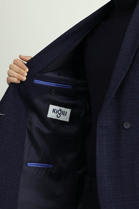 Dark Navy 6 Drop Regular Fit Patterned Wool Double-Breasted Jacket