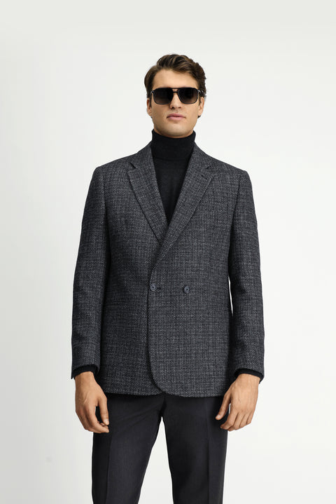 Dark Anthracite 6 Drop Regular Fit Patterned Wool Double-Breasted Jacket