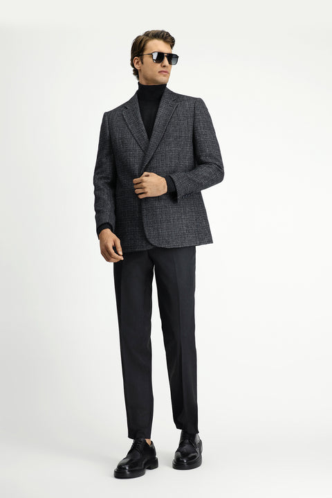 Dark Anthracite 6 Drop Regular Fit Patterned Wool Double-Breasted Jacket