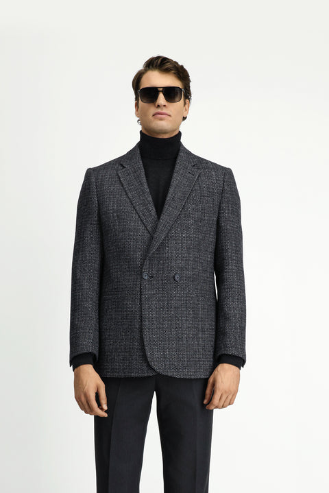 Dark Anthracite 6 Drop Regular Fit Patterned Wool Double-Breasted Jacket