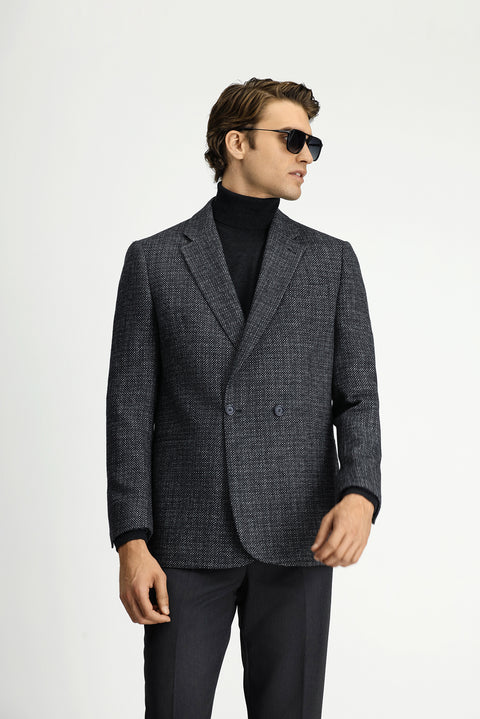 Dark Anthracite 6 Drop Regular Fit Patterned Wool Double-Breasted Jacket