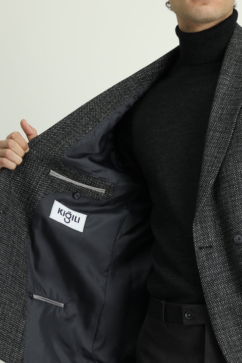 Dark Anthracite 6 Drop Regular Fit Patterned Wool Double-Breasted Jacket